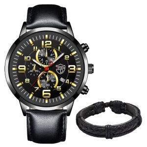 Relógio Masculino de Pulso Quartzo, Pulseira de Couro Acabamento Aço Inoxidável
