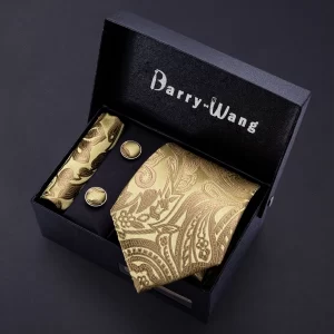 Gravata Masculina Luxury Gold Barry Wang com Lenço e Abotoaduras
